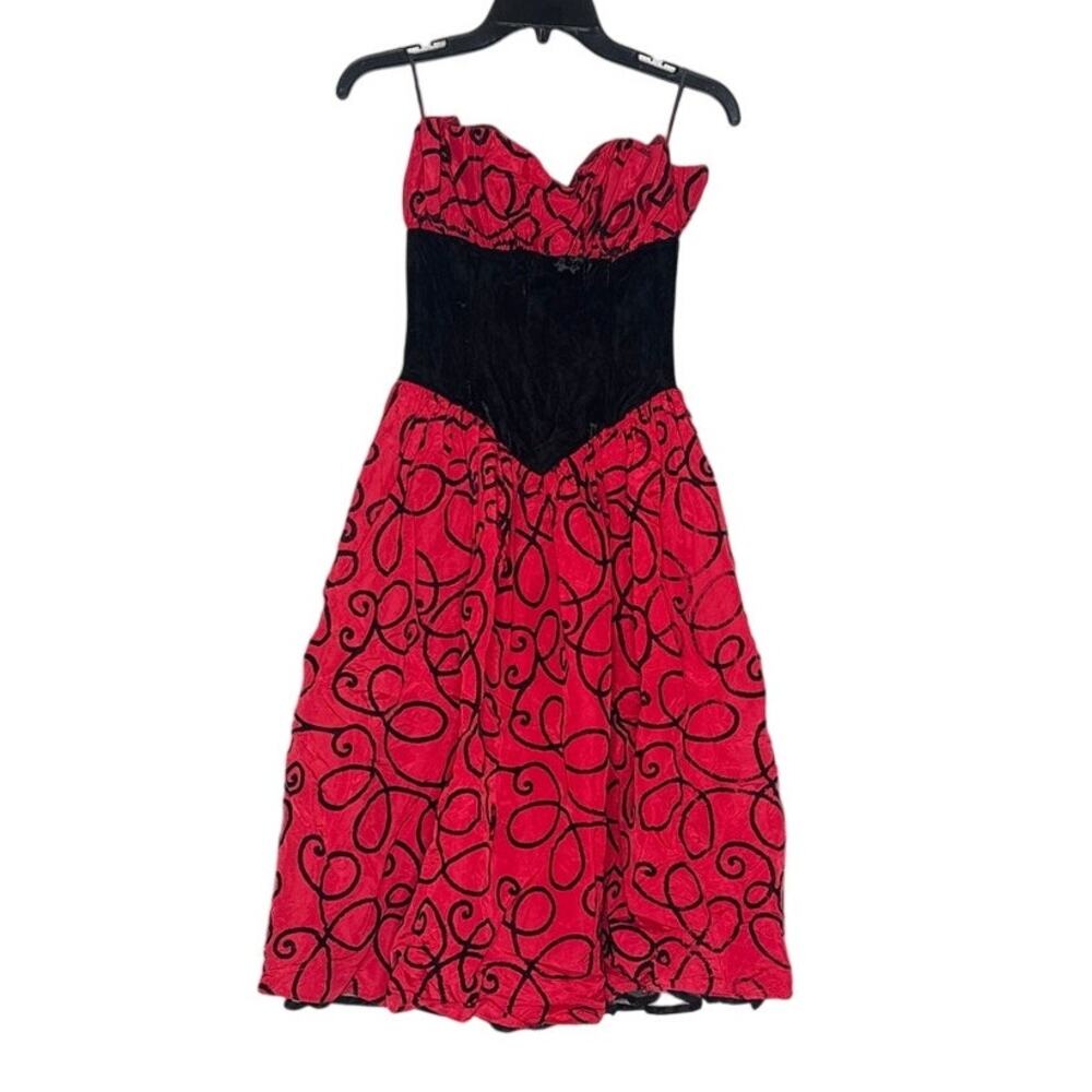 Vintage Gunne Sax Velvet Red Black Dress Abstract Strapless Party Romantic 80s